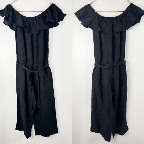 TOMMY BAHAMA Cropped Jumpsuit XS Black Linen Off-The-Shoulder - Picture 1 of 5